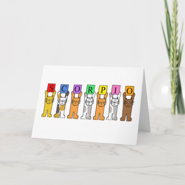 Tarjeta Cumpleaños del escorpión, gatos lindos del dibujo (Anverso)