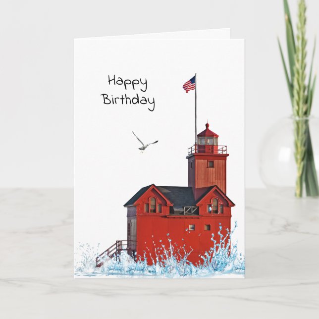 Tarjeta Cumpleaños del faro rojo grande de Michigan (Anverso)