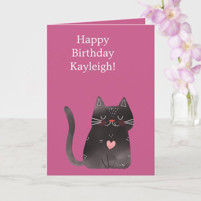 Tarjeta Cumpleaños del gato del corazón rosado negro (Orquídea)