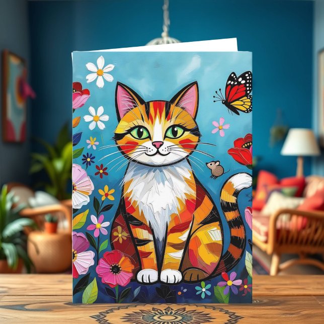 Tarjeta Cumpleaños del gato Impasto, flores y mariposa (Subido por el creador)