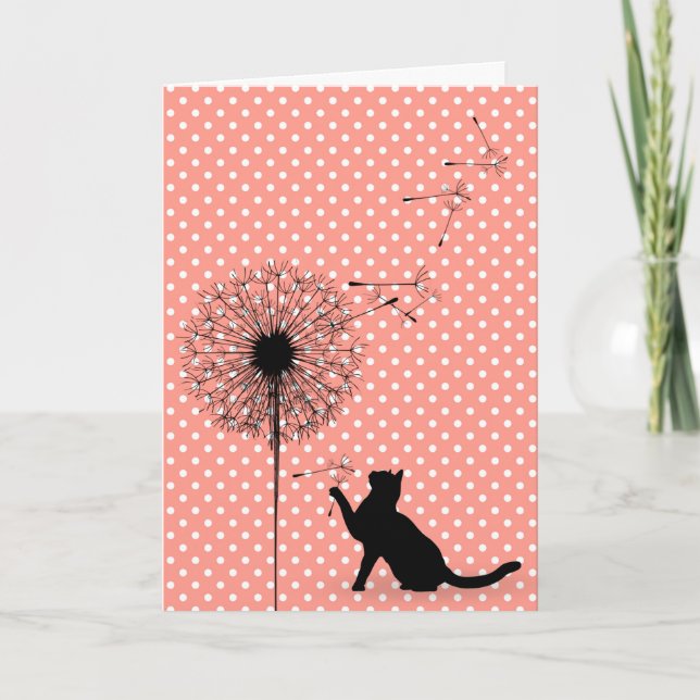 Tarjeta Cumpleaños del gato negro y las semillas de león (Anverso)