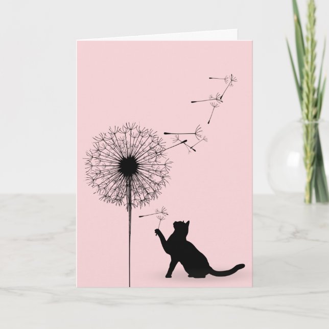 Tarjeta Cumpleaños del gato negro y las semillas de león (Anverso)
