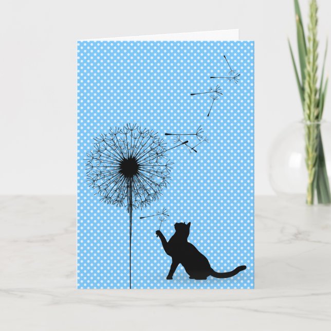 Tarjeta Cumpleaños del gato negro y las semillas de león (Anverso)