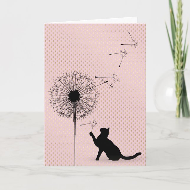 Tarjeta Cumpleaños del gato negro y las semillas de león (Anverso)