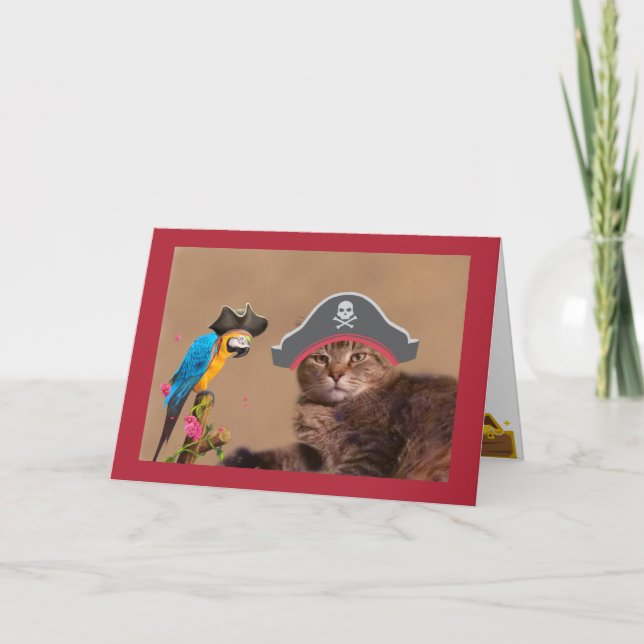 Tarjeta Cumpleaños Del Gato Pirata Y El Loro (Anverso)