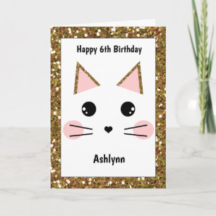 Tarjeta Cumpleaños del gato Purpurina rosado y dorado