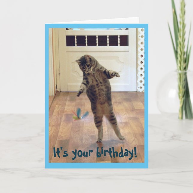 Tarjeta Cumpleaños del gato Tabby Dancing (Anverso)