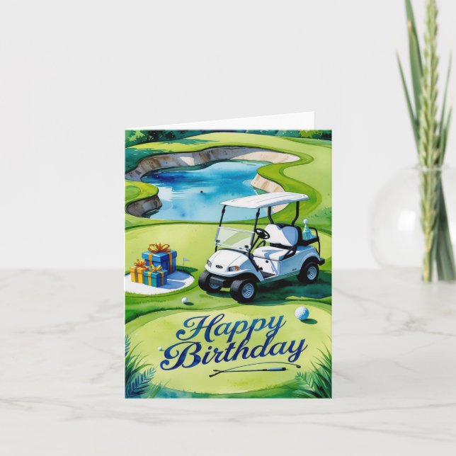 Tarjeta Cumpleaños del golf con carrito de golf (Anverso)