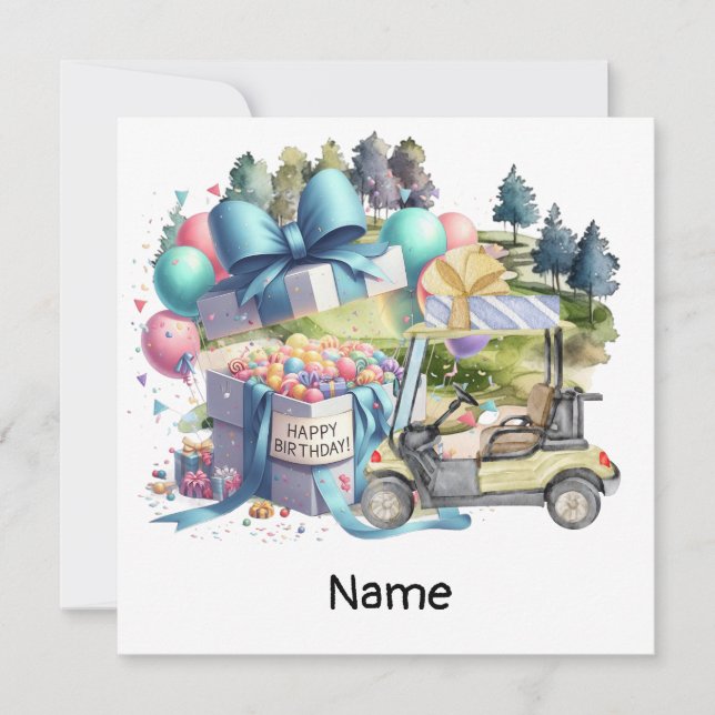 Tarjeta Cumpleaños del golf con carrito de golf (Anverso)