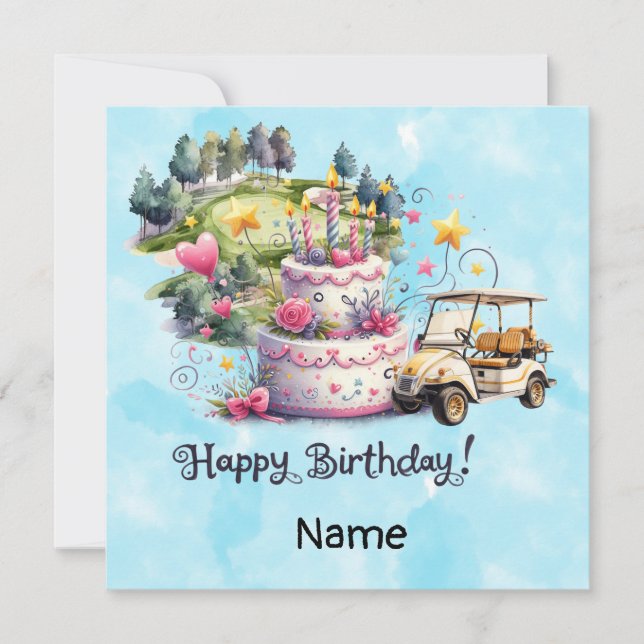 Tarjeta Cumpleaños del golf con carrito de golf (Anverso)