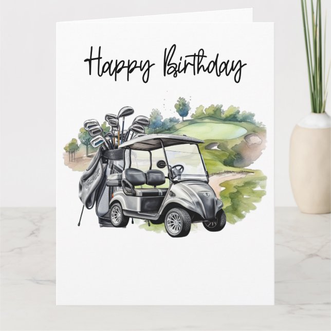 Tarjeta Cumpleaños del golf con la acuarela del carrito de (Anverso)