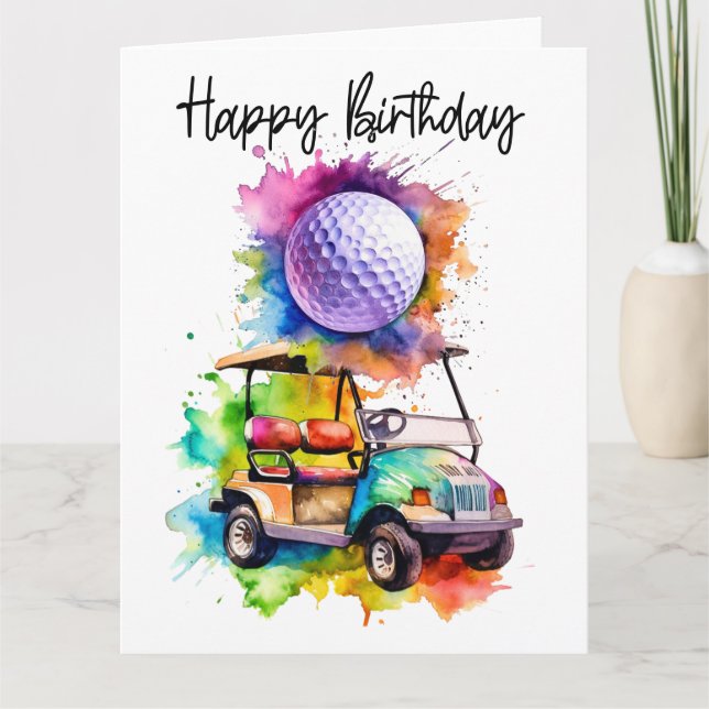 Tarjeta Cumpleaños del golf con la acuarela del carrito de (Anverso)