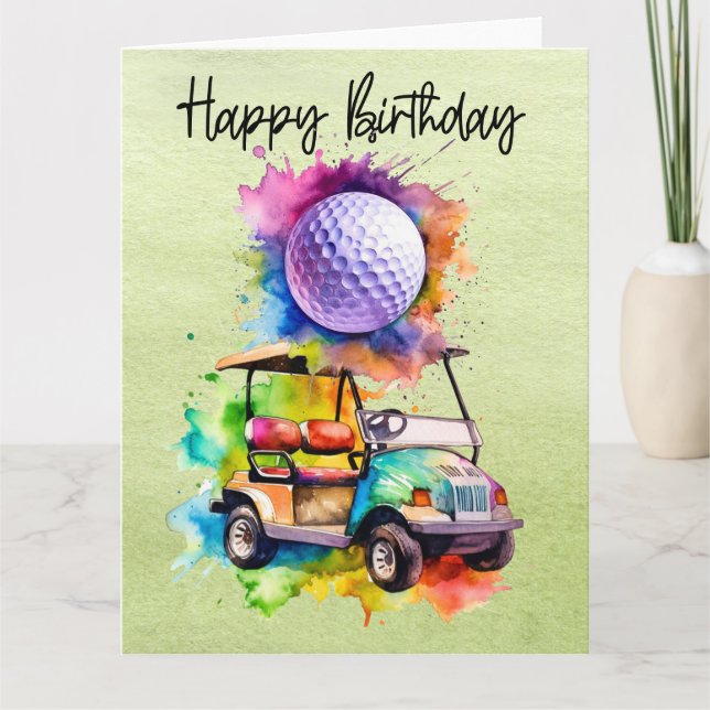 Tarjeta Cumpleaños del golf con la acuarela del carrito de (Anverso)