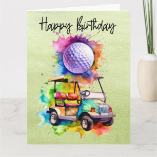 Tarjeta Cumpleaños del golf con la acuarela del carrito de