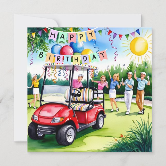 Tarjeta Cumpleaños del golf Temático con carrito de golf y (Anverso)