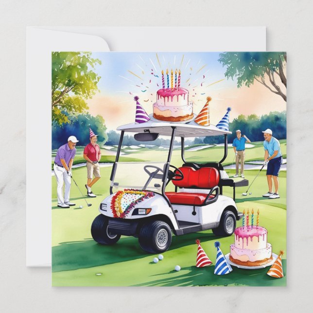 Tarjeta Cumpleaños del golf Temático con carrito de golf y (Anverso)