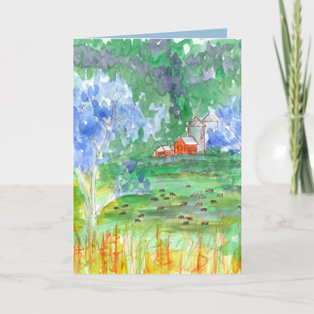 Tarjeta Cumpleaños del granero rojo de las vacas feliz (Anverso)