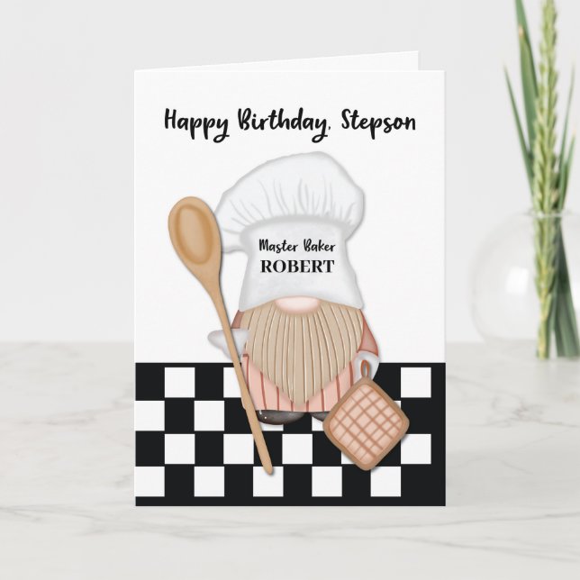 Tarjeta Cumpleaños del hijastro Gnomo caprichoso Panadero  (Anverso)
