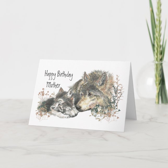 Tarjeta Cumpleaños del lobo de la madre de la acuarela (Anverso)