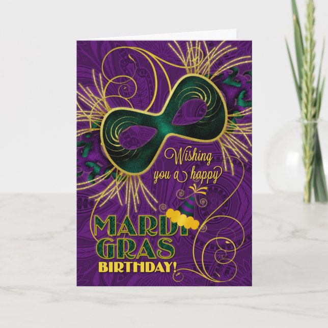 Tarjeta Cumpleaños del Mardi Gras Purple con el Oro Verde (Anverso)