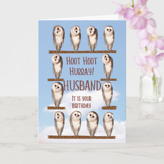 Tarjeta Cumpleaños del marido, búhos curiosos (Orquídea)
