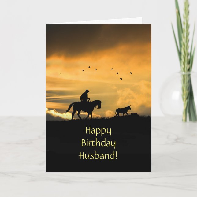 Tarjeta Cumpleaños del marido con Cowboy Horse y Steer Car (Anverso)