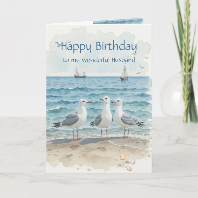 Tarjeta Cumpleaños del marido, romántico, playa de gaviota (Anverso)