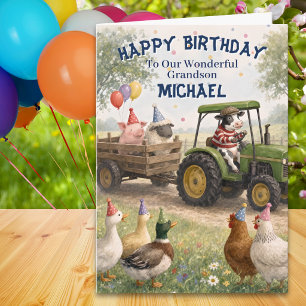 Tarjeta Cumpleaños del nieto con Tractor y Animales de Gra