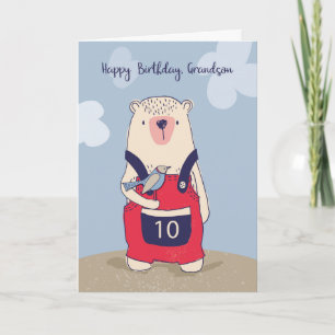 Tarjeta Cumpleaños del nieto oso y pájaro de 10 años