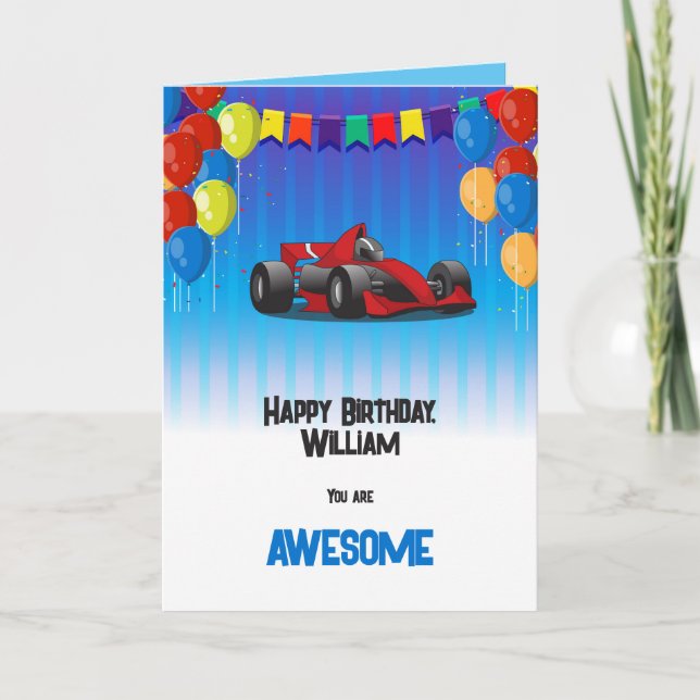 Tarjeta Cumpleaños del niño del coche de carrera (Anverso)