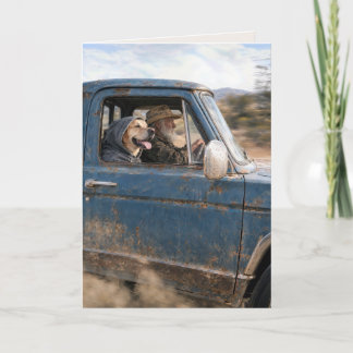 Tarjeta Cumpleaños del papá Camioneta azul vieja con perro