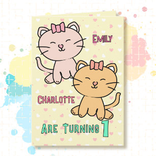 Tarjeta Cumpleaños del primer año de gemelas Gatos de dibu