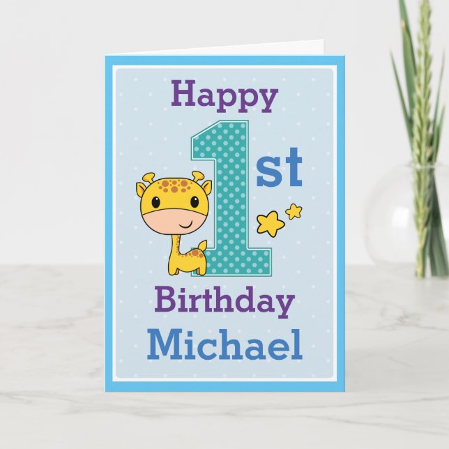 Tarjeta Cumpleaños del primer niño, jirafa  (Anverso)