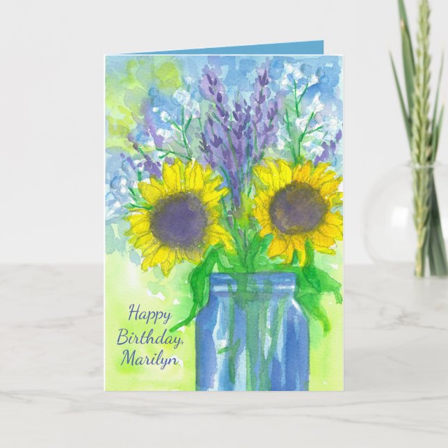 Tarjeta Cumpleaños del ramo del girasol de la lavanda (Anverso)
