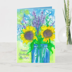 Tarjeta Cumpleaños del ramo del girasol de la lavanda