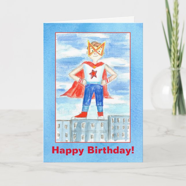 Tarjeta Cumpleaños del super héroe de los niños feliz (Anverso)