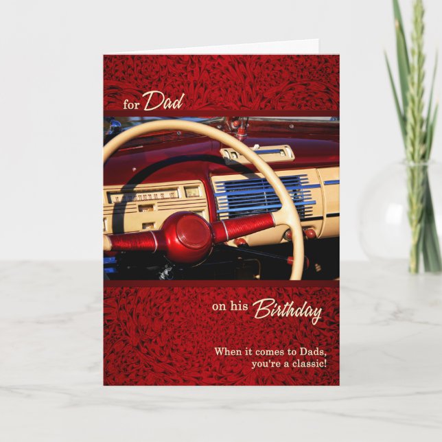 Tarjeta cumpleaños del tema del coche clásico rojo de papá (Anverso)