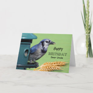Tarjeta Cumpleaños del tío con arrendajo azul en comedero 