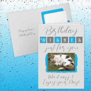 Tarjeta Cumpleaños desea agregar gato foto azul gris