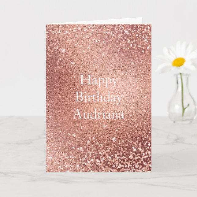 Tarjeta Cumpleaños destellante con brillo dorado rosa (Planta pequeña)