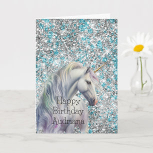 Tarjeta Cumpleaños Destello Brillo Unicornio Plata Acuario