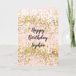 Tarjeta Cumpleaños Destello Confeti Oro Blanco Rosa Rubor