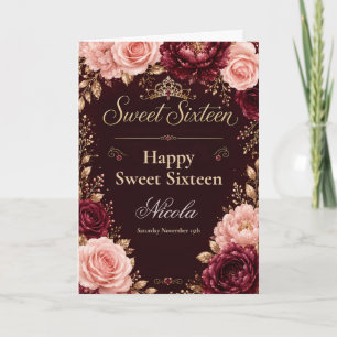 Tarjeta Cumpleaños dieciséis floral Borgoña