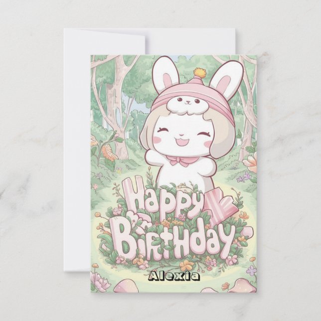 Tarjeta Cumpleaños Digital Editable Fluffy Bunny (Anverso)