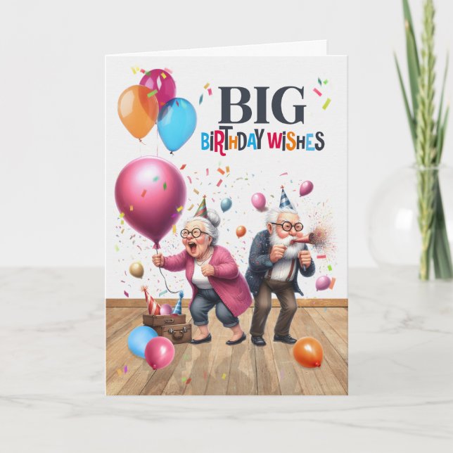 Tarjeta Cumpleaños divertido anciano y anciana con globos (Anverso)