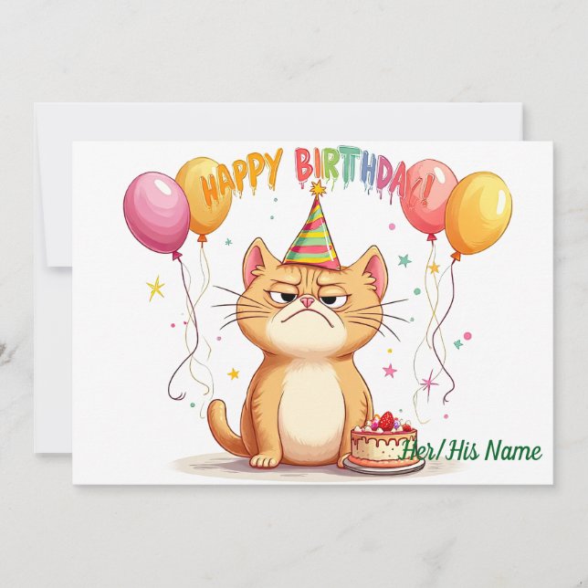 Tarjeta Cumpleaños divertido con gato ginger gruñón (Anverso)