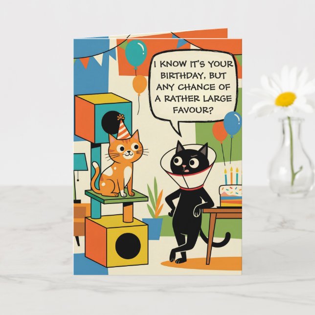 Tarjeta Cumpleaños divertido con tema de gato (Planta pequeña)