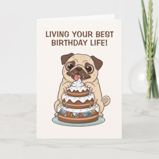 Tarjeta Cumpleaños divertido de perro pug cachorro (Anverso)
