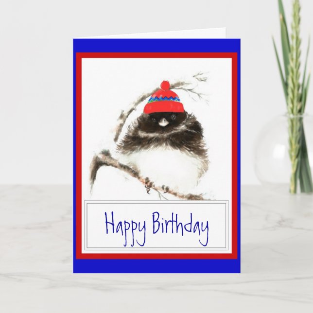 Tarjeta Cumpleaños divertido del invierno con el pájaro (Anverso)