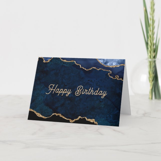 Tarjeta Cumpleaños dorado azul geoda (Anverso)